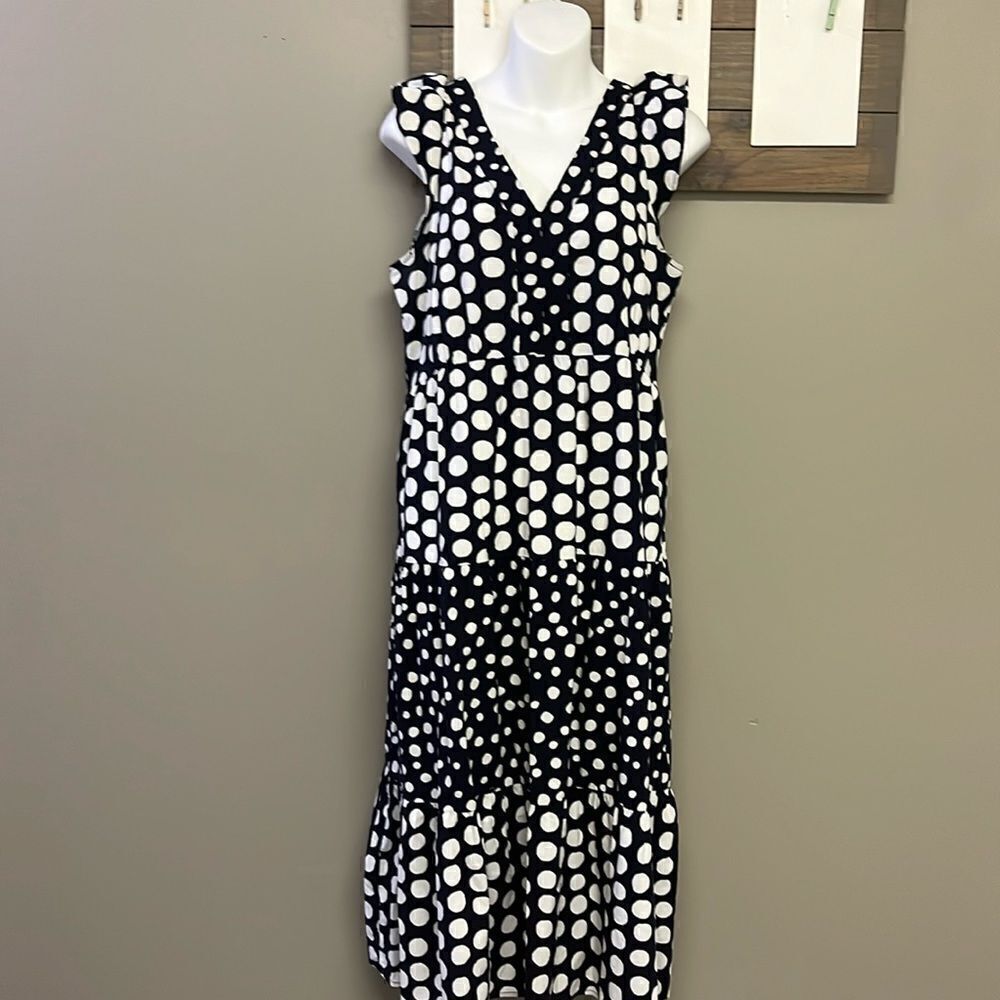 LOFT Navy White Polka Dot V-Neck Ruffled Flowy MIDI Dress- Medium